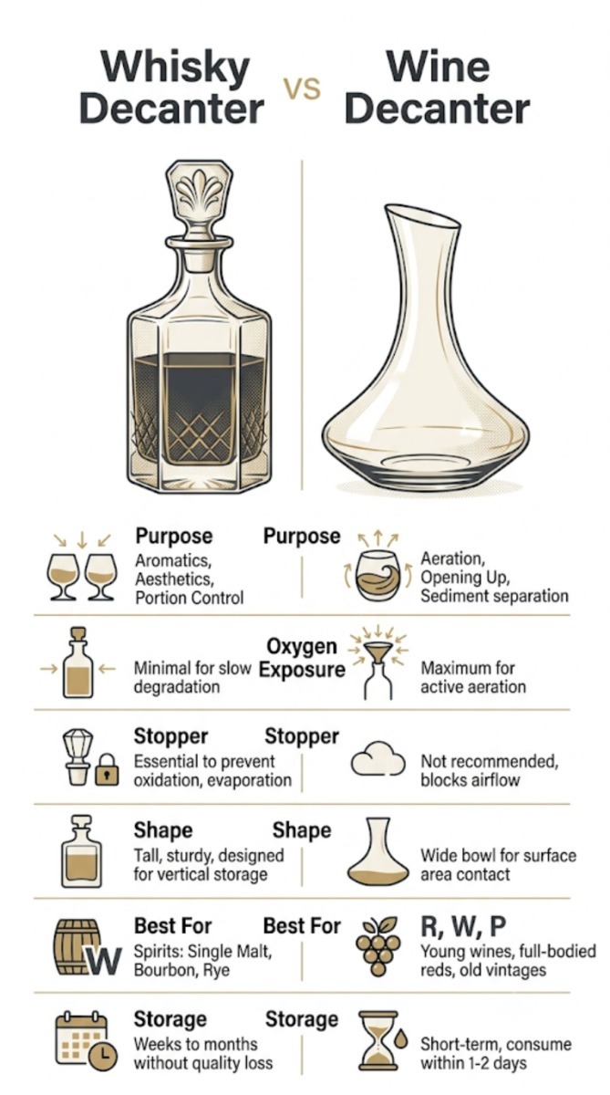 Comparison infographic showing the differences between a whisky decanter and a wine decanter, including stopper design, oxygen exposure, storage purpose and serving function.