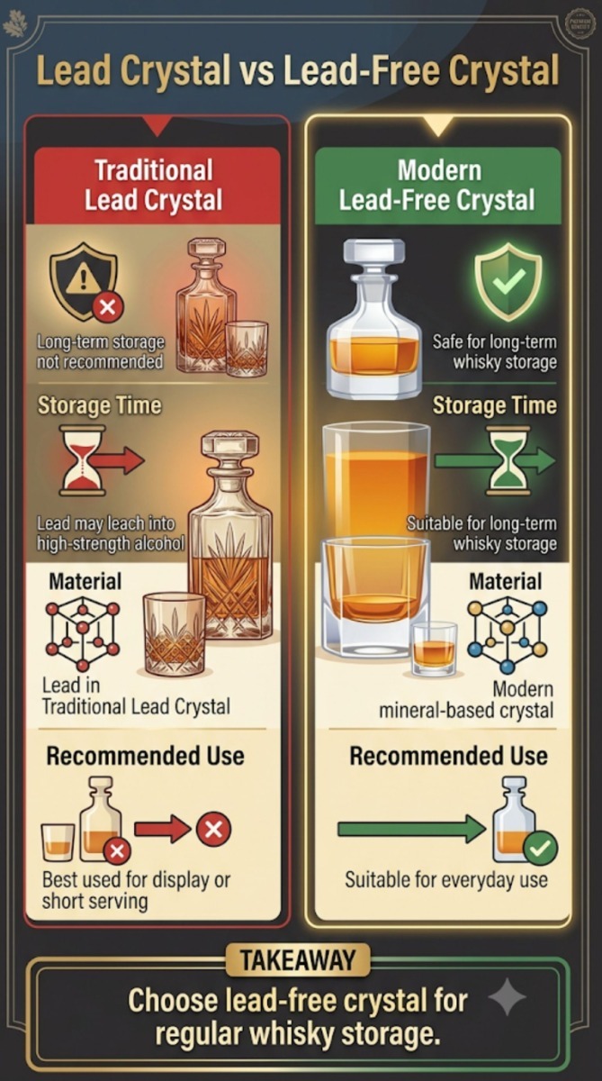 Safety comparison infographic explaining the differences between traditional lead crystal and modern lead-free crystal for storing whisky.