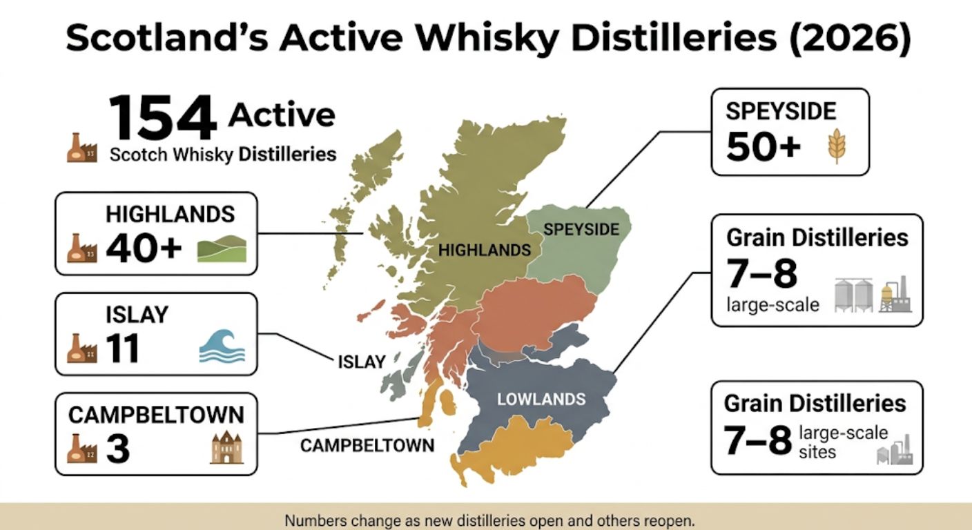 Infographic showing Scotland's whisky regions with the approximate number of active distilleries in each region and the national total of 154 operating distilleries.