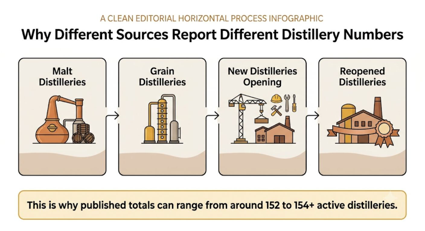 Flowchart explaining why different organisations report different numbers of active Scotch whisky distilleries, including grain distilleries, new openings and reopened sites.