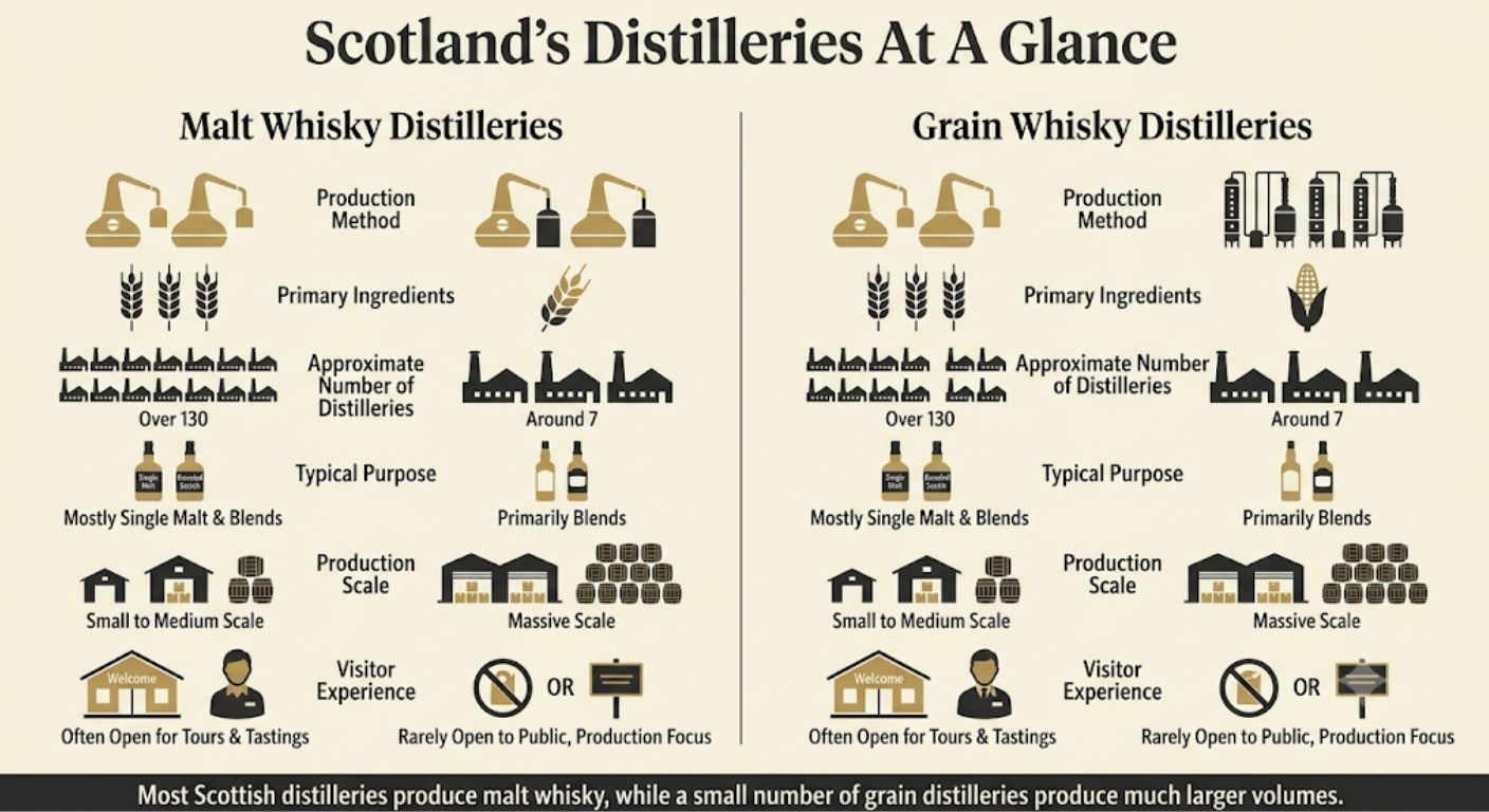 Comparison infographic explaining the differences between Scottish malt whisky distilleries and grain whisky distilleries, including production methods and their role within the Scotch whisky industry.
