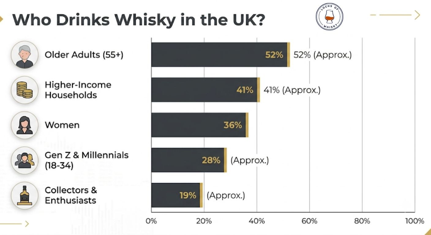 Bar chart showing the main demographic groups that drink whisky in the UK, including women, older adults, younger consumers and enthusiasts.