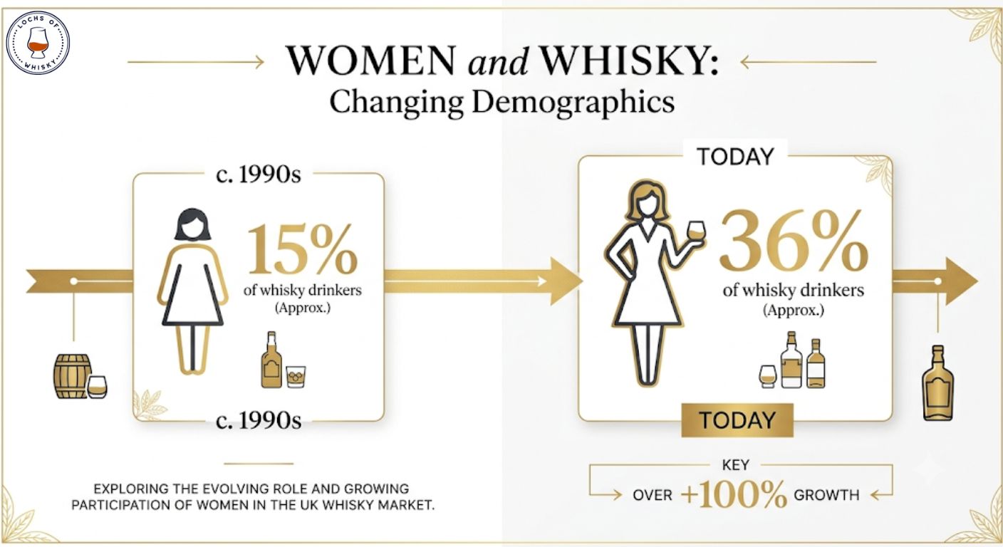 Timeline showing the increase in the proportion of women who drink whisky from the 1990s to today.