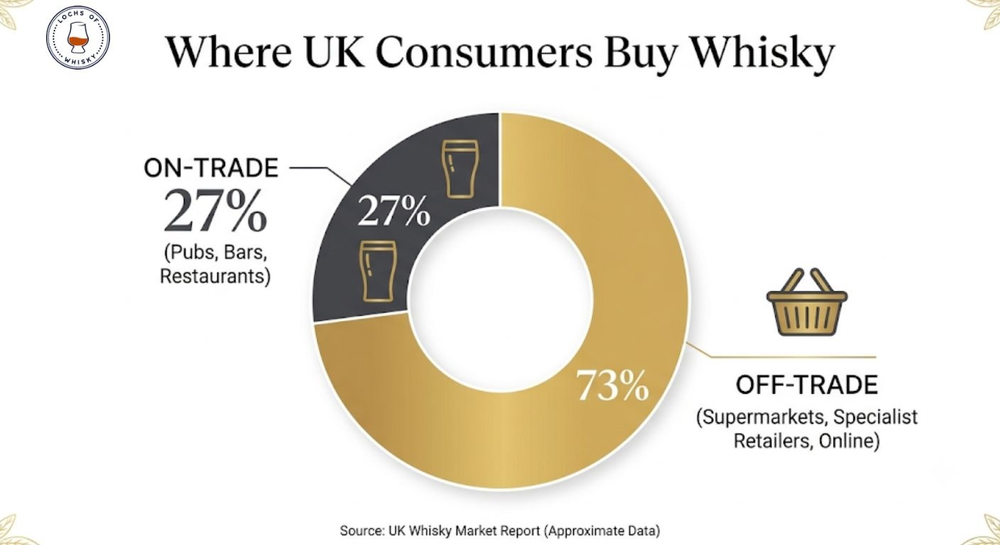 Donut chart comparing off-trade and on-trade whisky purchasing in the UK.