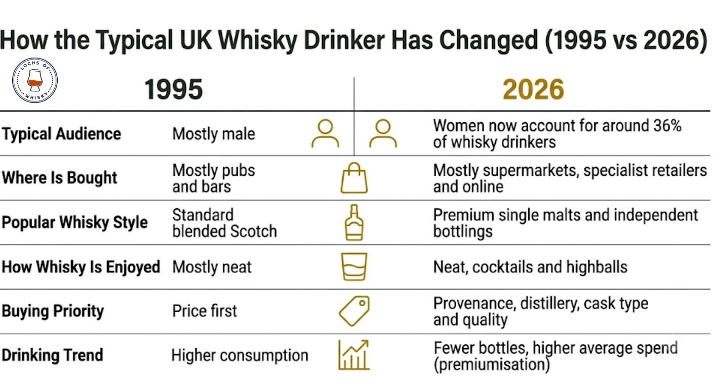 Infographic comparing how the typical UK whisky drinker has changed between 1995 and 2026, showing shifts from predominantly male drinkers to around 36% women, from pub drinking to home purchases, from standard blended Scotch to premium single malts and independent bottlings, from neat whisky to cocktails and highballs, from price-led buying to provenance-led purchasing, and from higher consumption to fewer, higher-value bottle purchases.