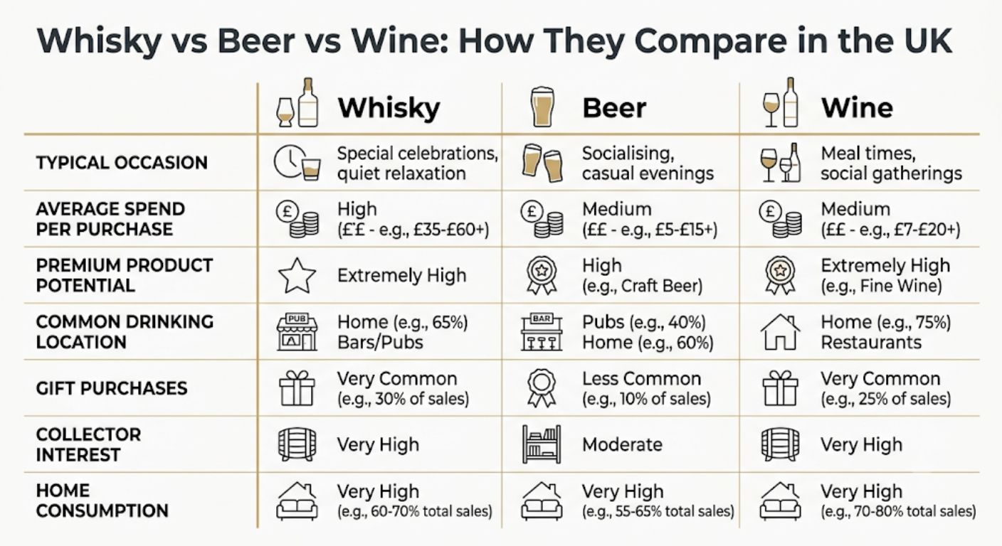 Infographic comparing whisky, beer and wine across purchasing behaviour, home consumption, gifting and premium buying in the UK.