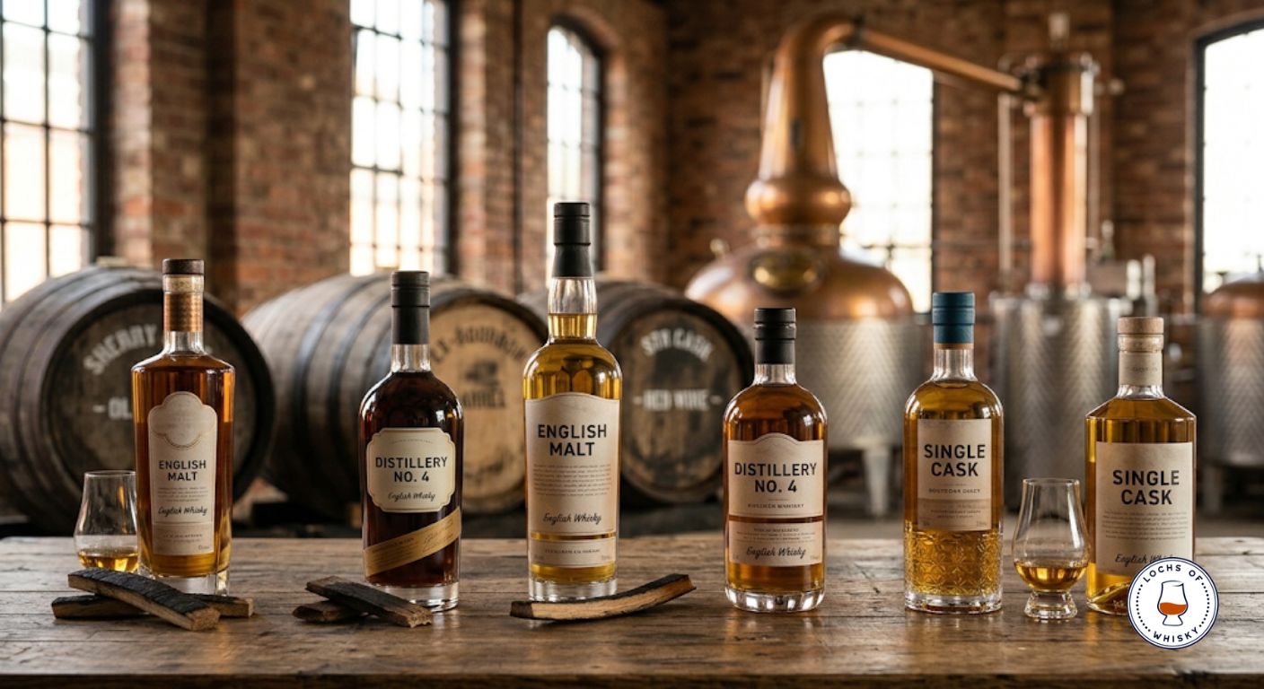 Selection of modern English whisky bottles inside an English whisky distillery with oak casks and copper pot stills.