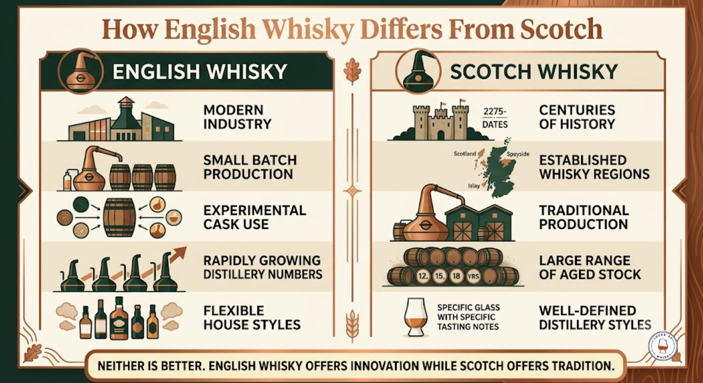 Comparison infographic showing the main differences between English whisky and Scotch whisky.