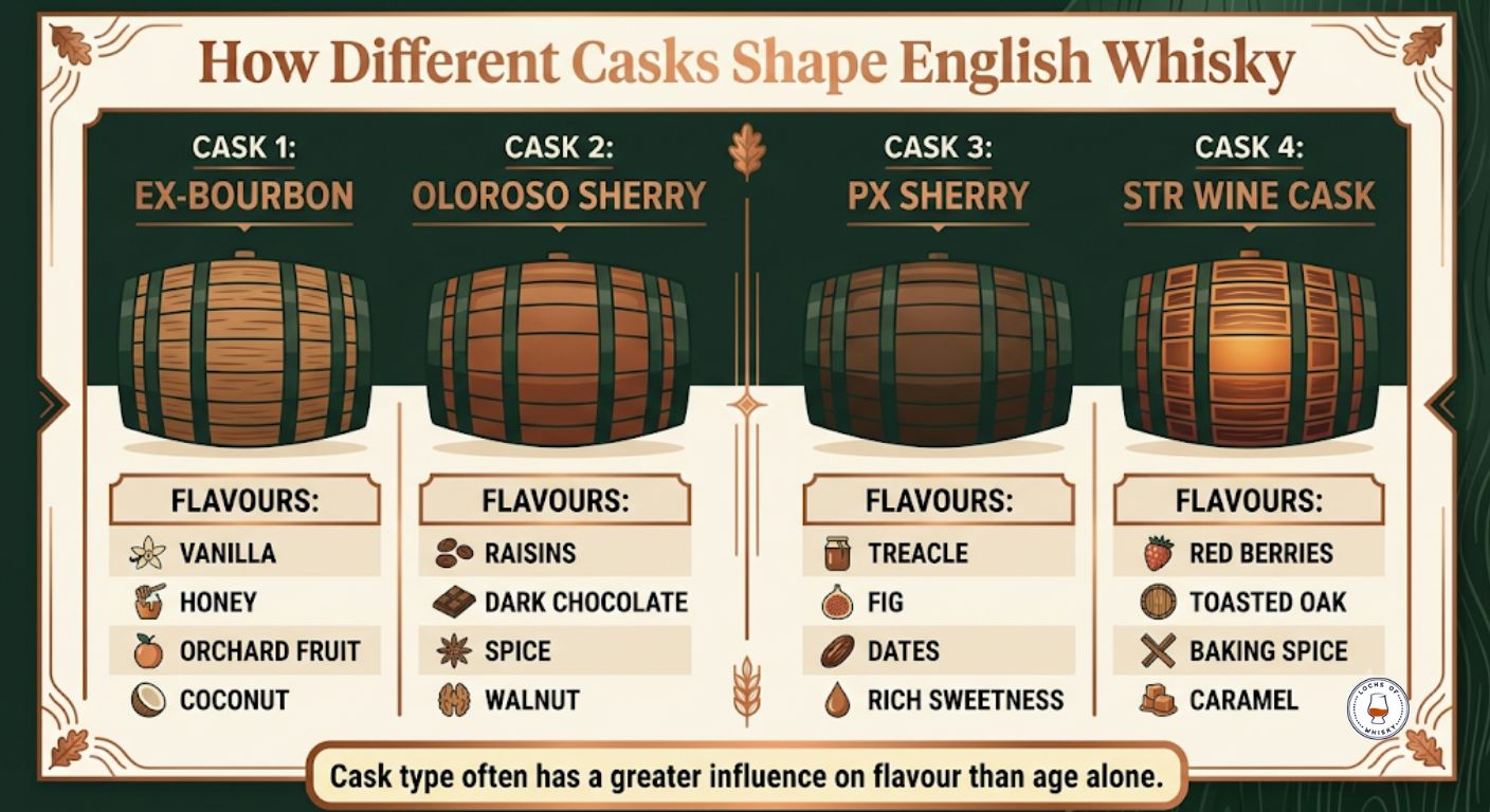Infographic explaining how bourbon, sherry and STR casks influence English whisky flavour.