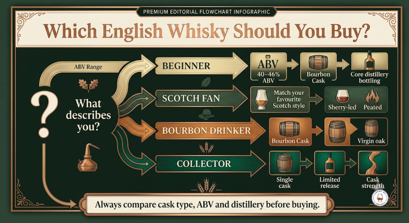 Flowchart helping buyers choose the right English whisky based on experience and flavour preferences.