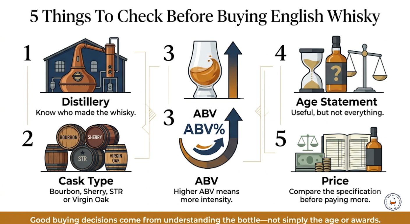 Checklist showing the five most important things to check before buying English whisky.