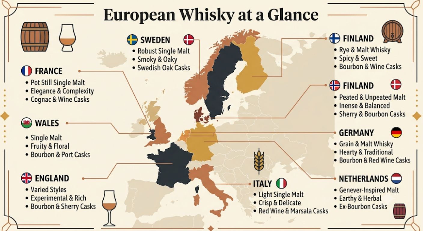 Map showing the major European whisky-producing countries together with their typical flavour profiles and cask styles.