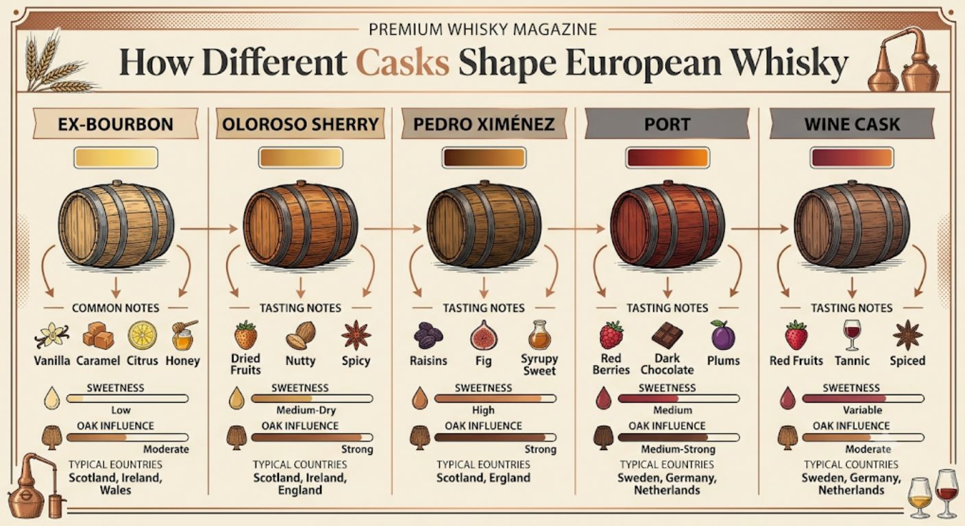 Comparison showing how different cask types influence flavour, sweetness and colour in European whisky.