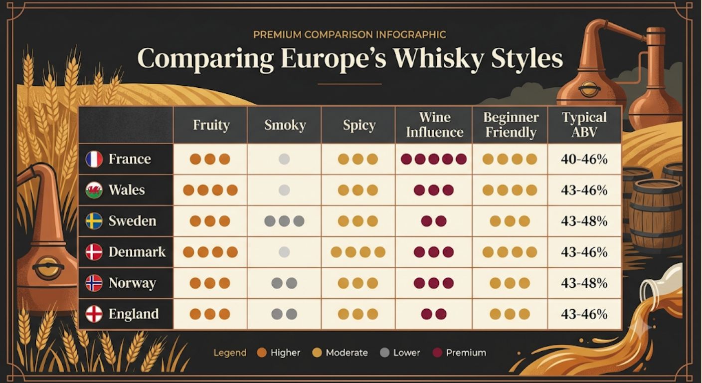 Comparison table showing how the major European whisky-producing countries differ in flavour style, strength and approachability.