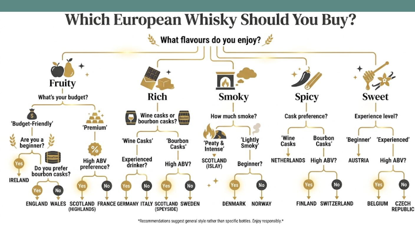 Flowchart helping readers choose a European whisky based on flavour preferences, budget and experience level.