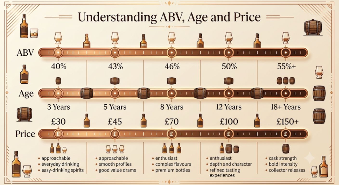 Comparison chart explaining how alcohol strength, age statements and price ranges relate when buying European whisky.