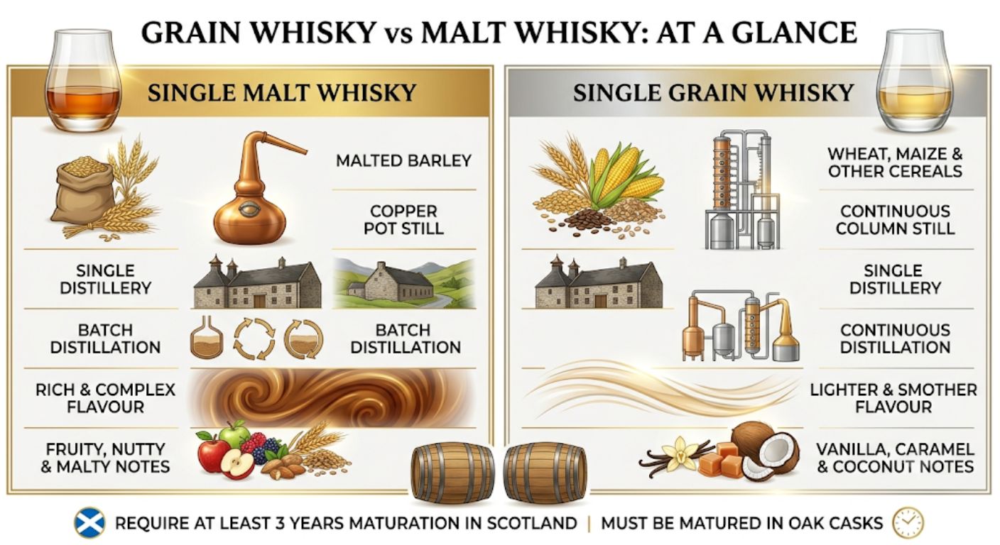 Comparison infographic showing the main differences between single malt whisky and single grain whisky, including ingredients, still type, production method and flavour profile.