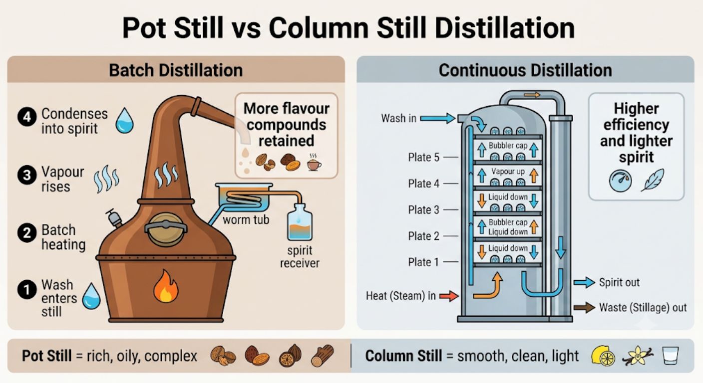 Diagram comparing traditional copper pot still distillation with continuous column still distillation, showing how each process influences whisky character and flavour.
