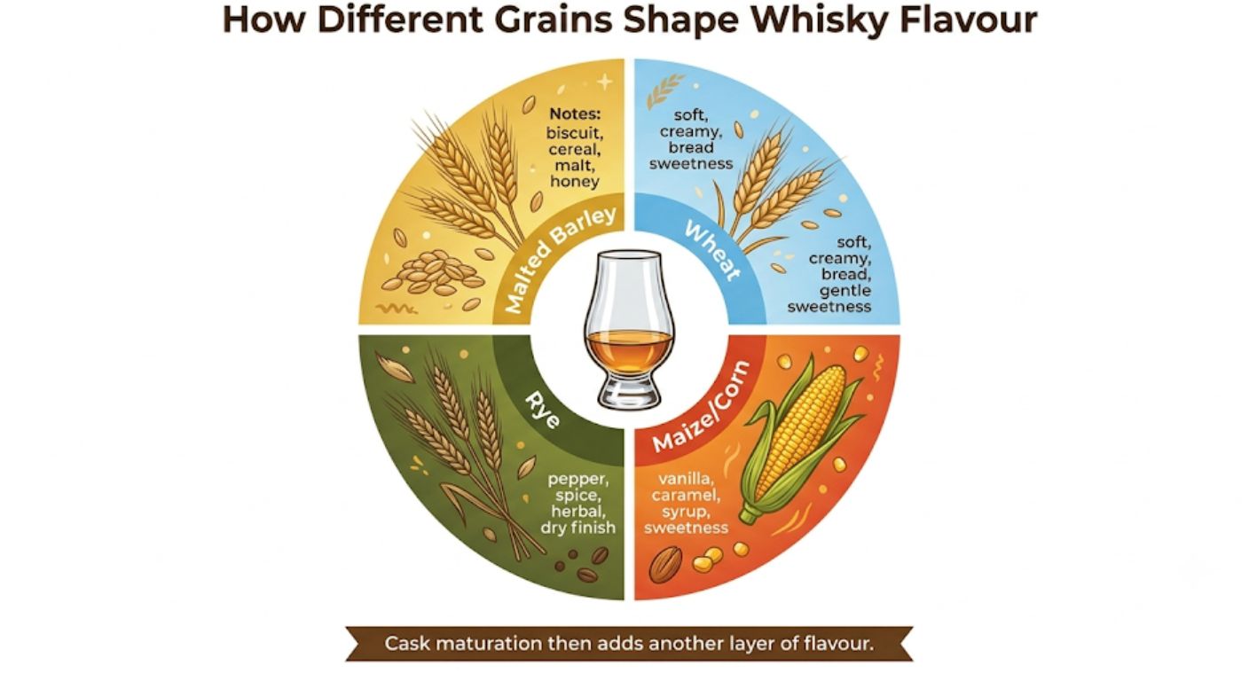 Flavour wheel illustrating how malted barley, wheat, maize and rye each contribute different characteristics to whisky before maturation in oak casks.