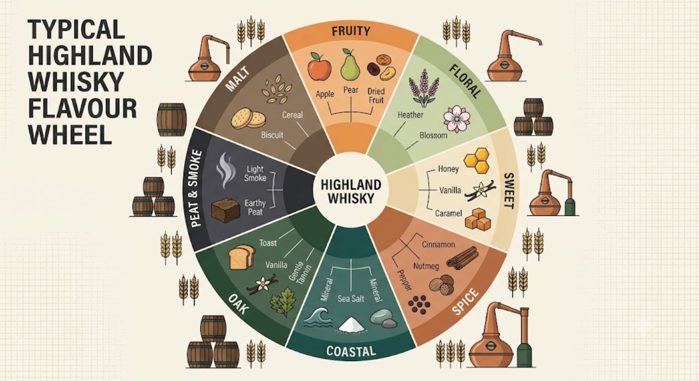 Flavour wheel showing the typical aroma and flavour characteristics commonly found across Highland Scotch whisky.