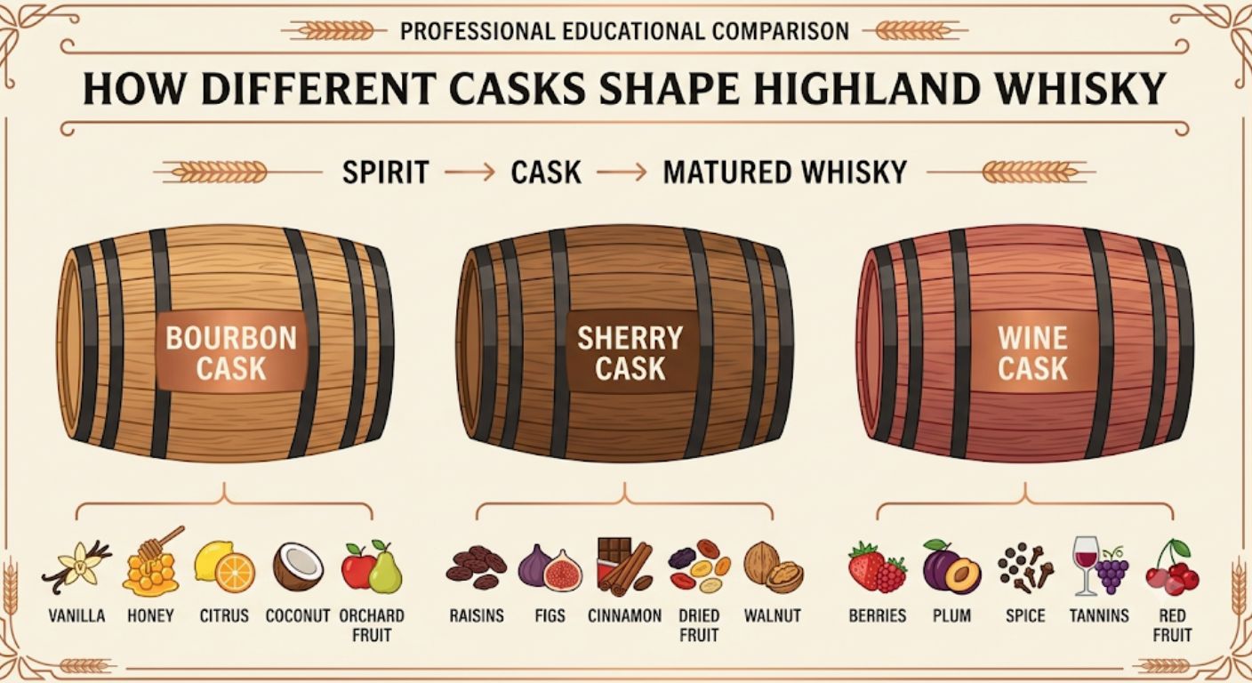 Comparison showing how bourbon, sherry and wine casks influence the flavour profile of Highland whisky during maturation.