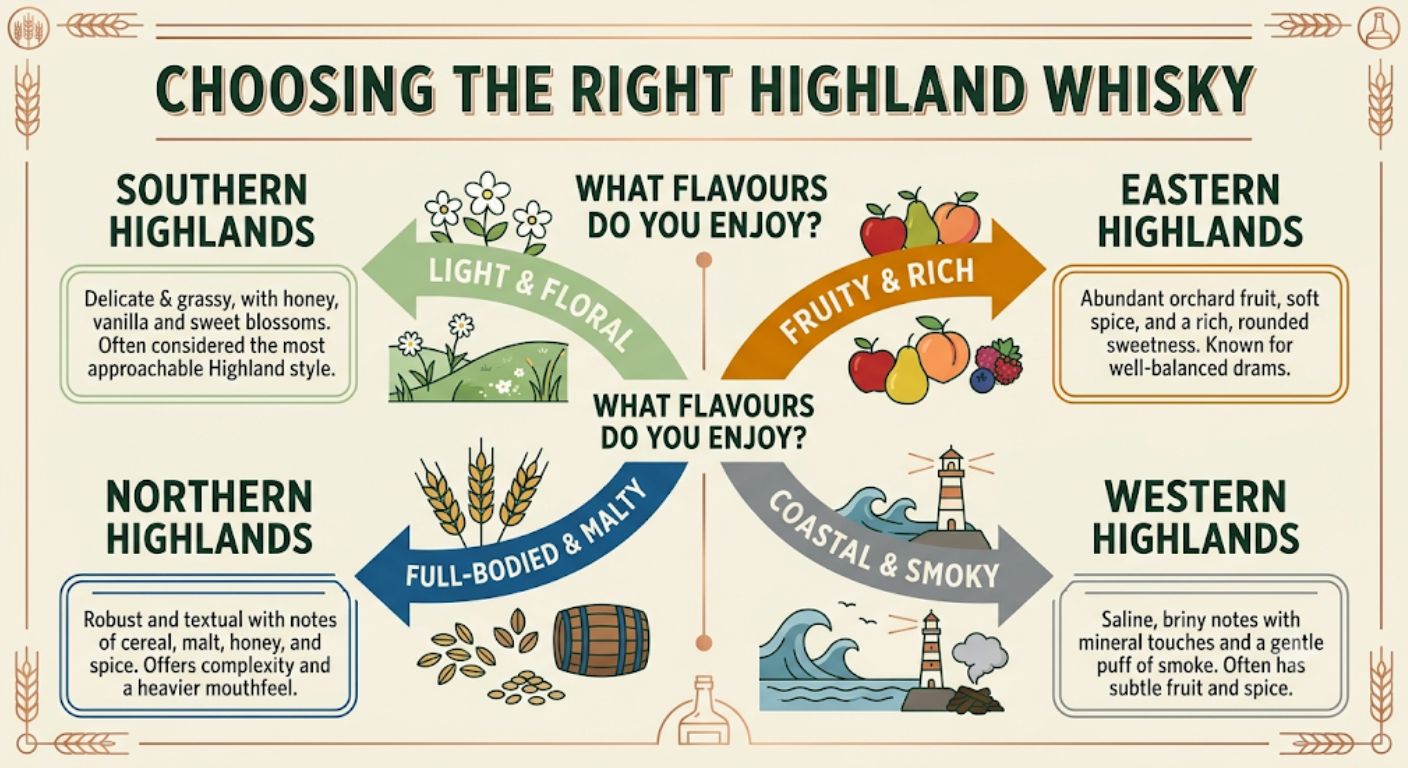 Decision tree helping readers choose a Highland whisky style based on their preferred flavour profile.