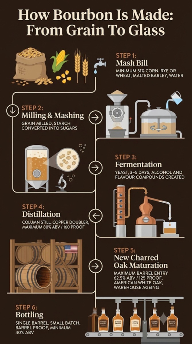 Flowchart showing the six production stages used to make bourbon, from mash bill selection through fermentation, distillation, barrel maturation and bottling.