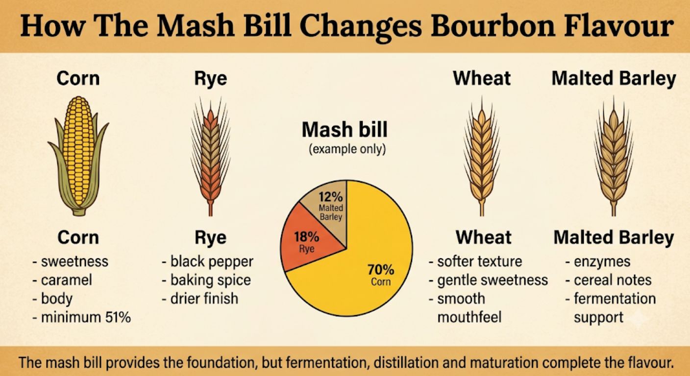 Comparison chart explaining how corn, rye, wheat and malted barley each contribute different characteristics to a bourbon mash bill.
