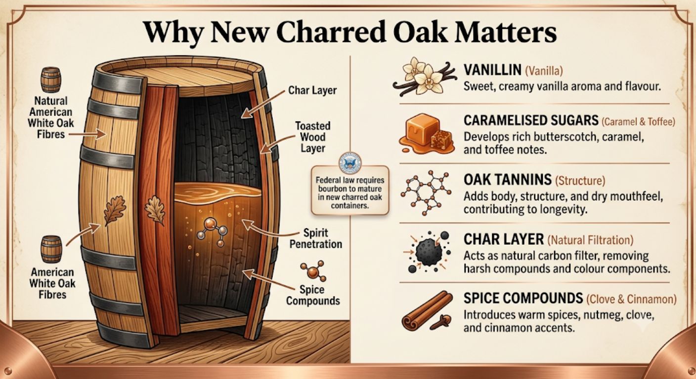 Cross-section of a new charred oak bourbon barrel showing how the toasted and charred wood layers influence flavour during maturation.