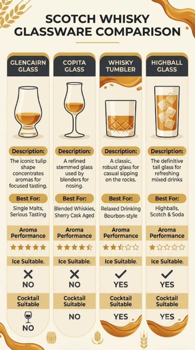 Comparison of Glencairn, Copita, tumbler and highball glasses showing which is best for drinking Scotch whisky.