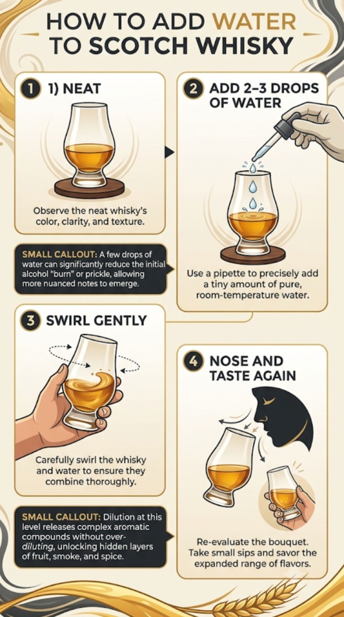 Step-by-step guide showing how to add a few drops of water to Scotch whisky before tasting again.