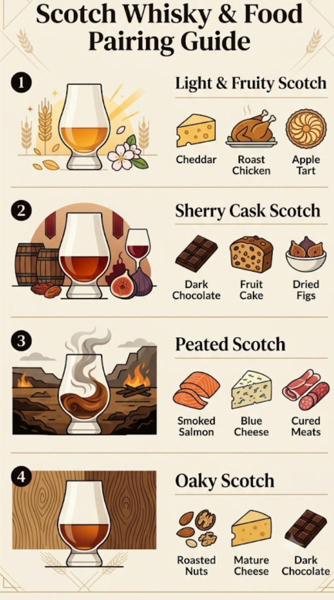 Food pairing chart showing which foods complement light, sherried, peated and oaky Scotch whiskies.