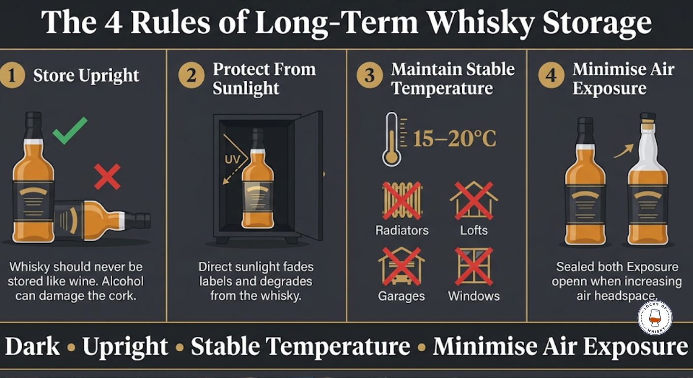 Infographic showing the four essential rules for storing whisky long term: upright position, protection from sunlight, stable temperature and minimising air exposure.