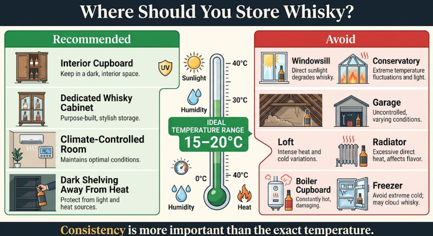 Comparison infographic showing the best and worst places to store whisky, highlighting ideal storage environments and temperatures.