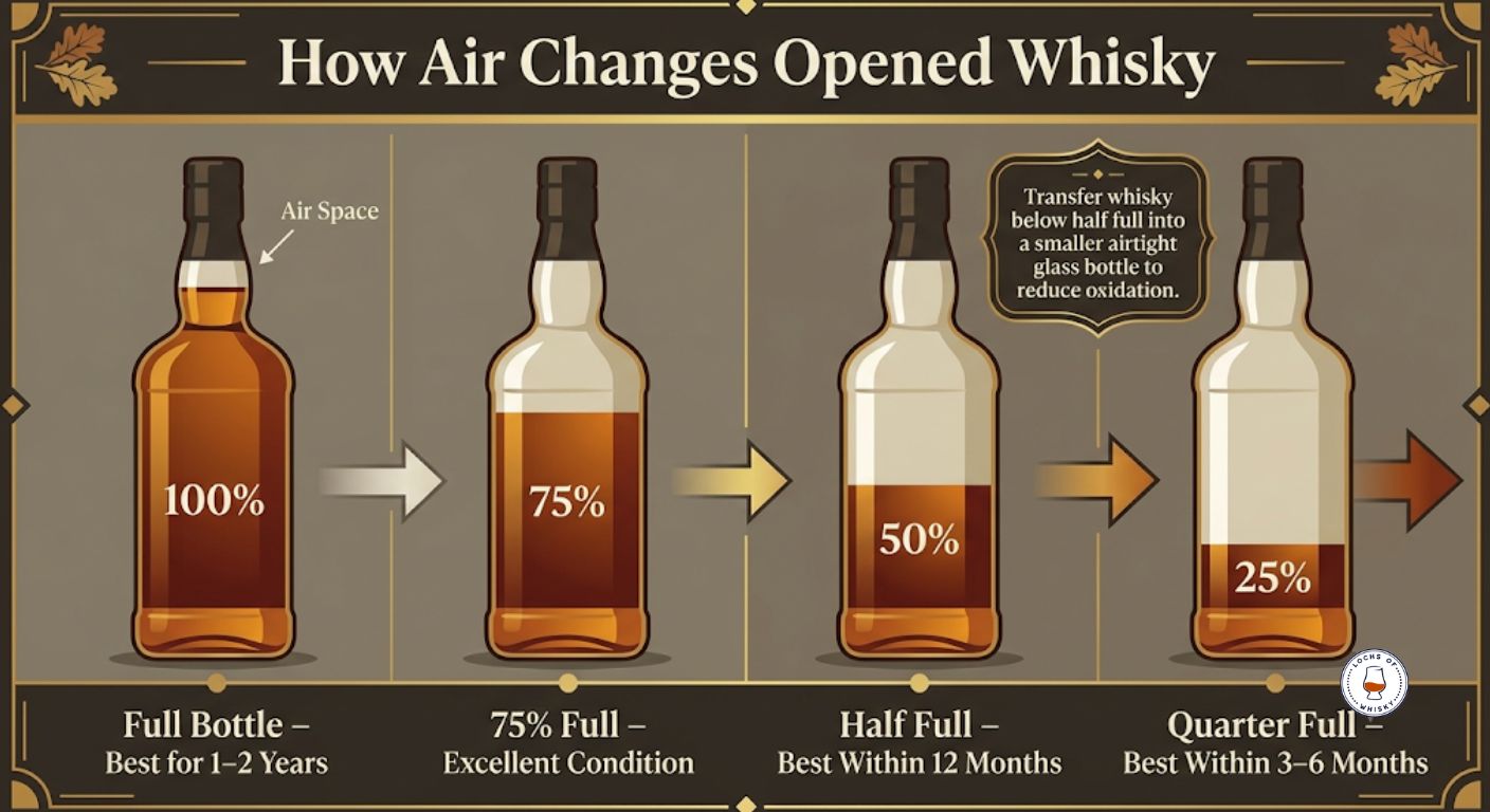 Timeline infographic explaining how oxidation increases as whisky bottles empty and showing recommended drinking timeframes at different fill levels.