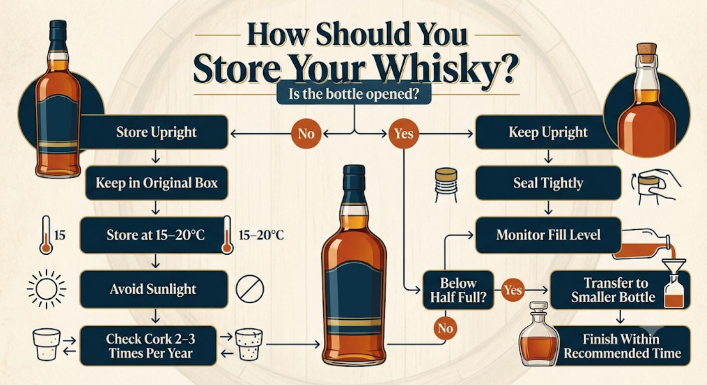 Decision tree showing the correct storage process for sealed and opened whisky bottles to preserve quality over the long term.