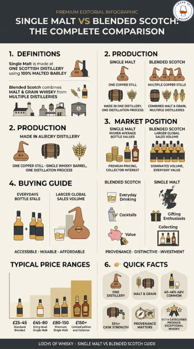 Comprehensive infographic comparing single malt and blended Scotch whisky, covering definitions, production, market position, buying advice, price ranges and key facts.