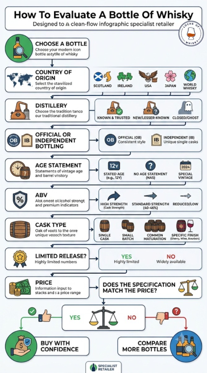 Flowchart showing the key questions buyers should ask when evaluating a bottle of whisky before purchasing.