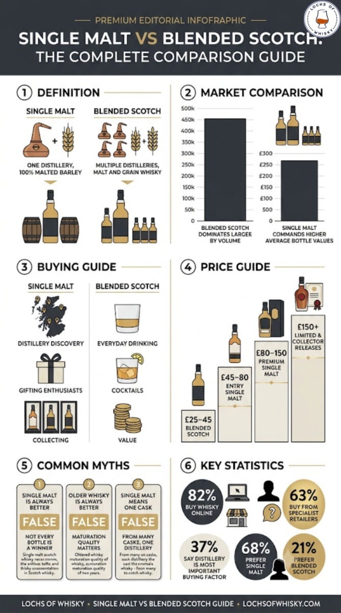 Downloadable infographic comparing single malt and blended Scotch whisky, including production, market share, buying advice, price ranges, common myths and key consumer statistics.