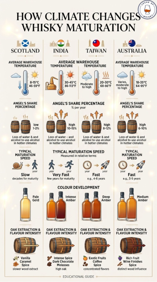 Comparison showing how different climates affect whisky maturation and Angel's Share across major whisky-producing countries.