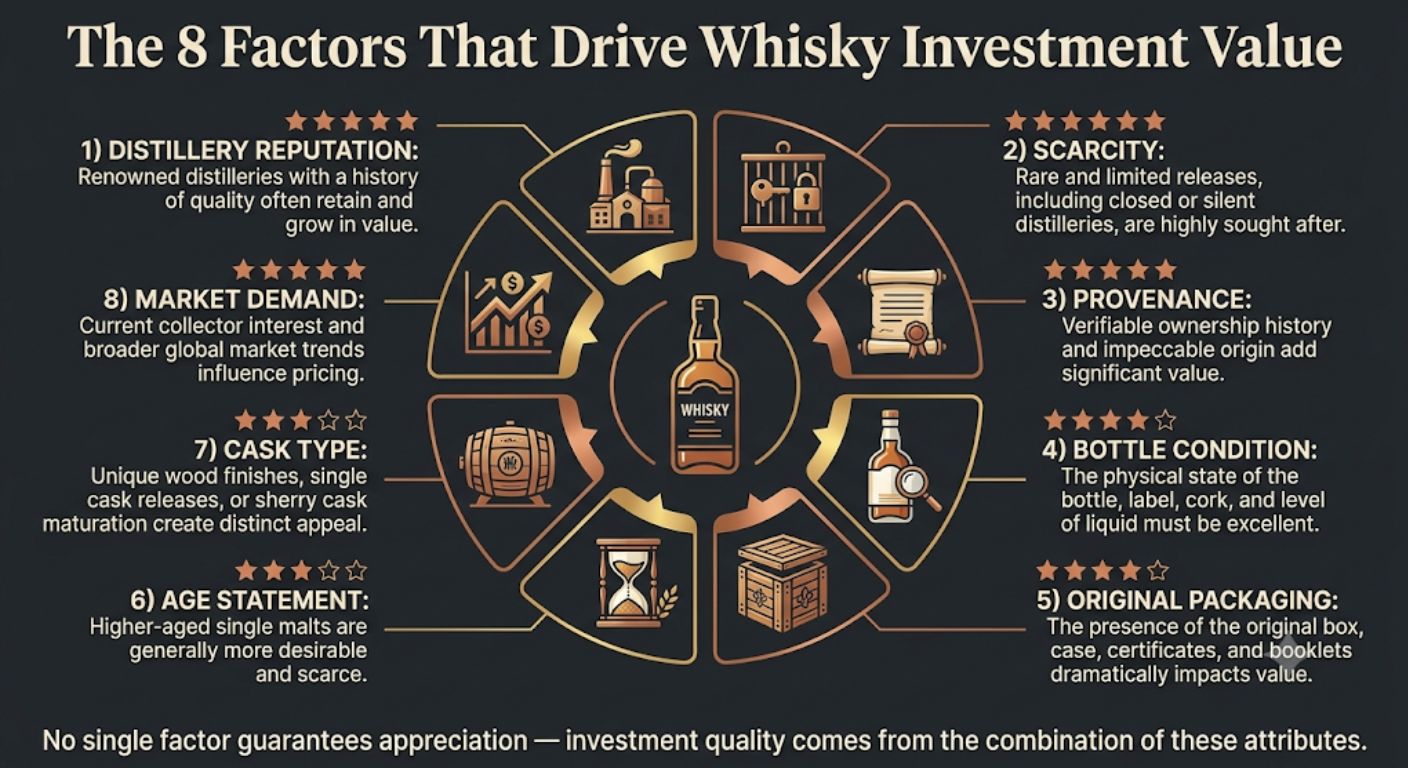 Infographic showing the eight key factors that influence whether a whisky bottle has long-term investment potential, including provenance, scarcity, condition and distillery reputation.