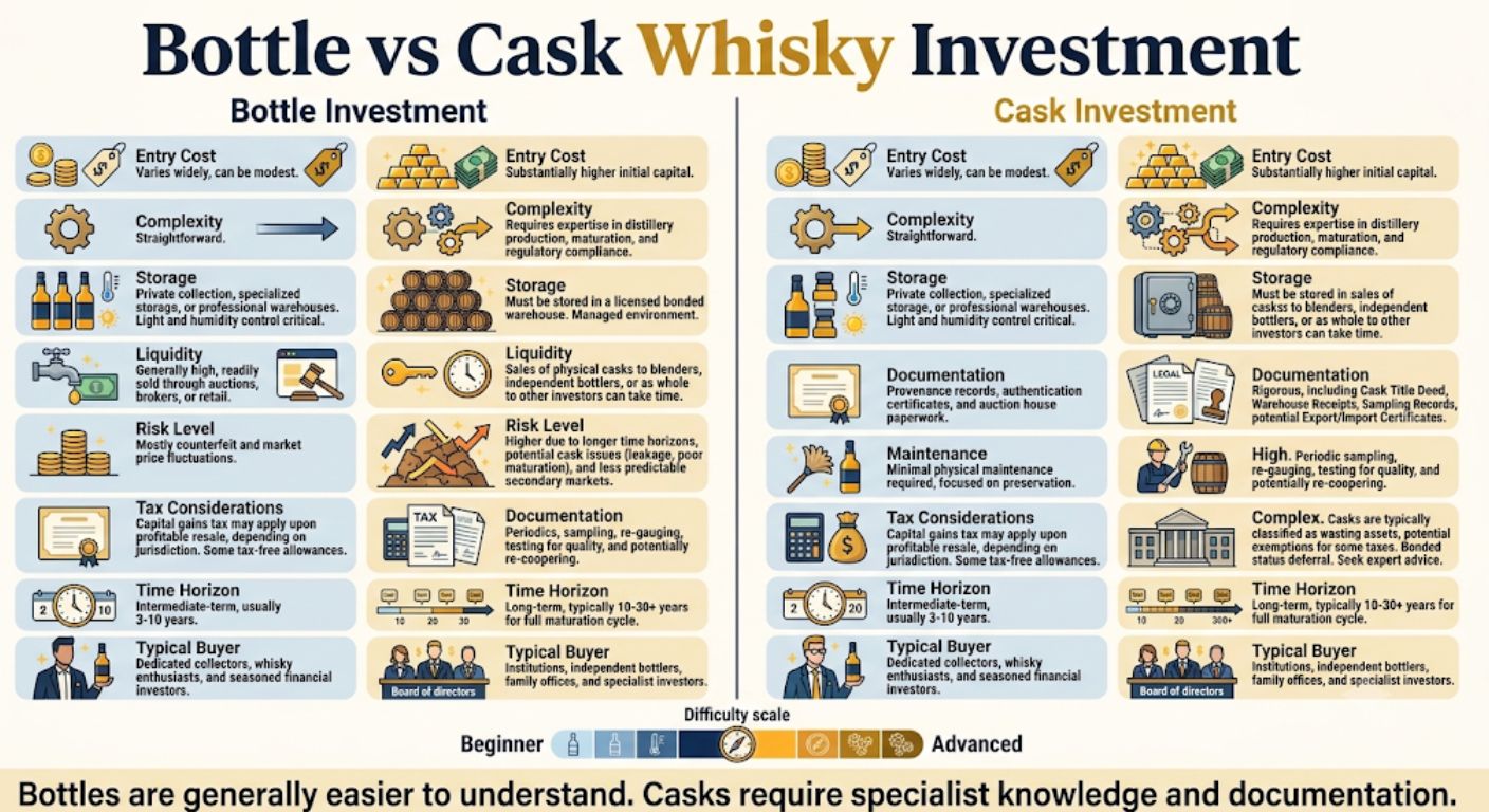 Comparison infographic explaining the differences between investing in whisky bottles and whisky casks, including costs, risks, storage and liquidity.