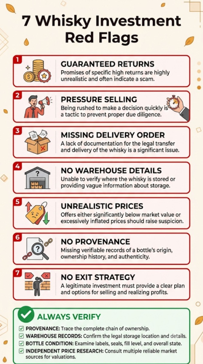 Checklist infographic highlighting the most common warning signs of whisky investment scams and risky purchases.