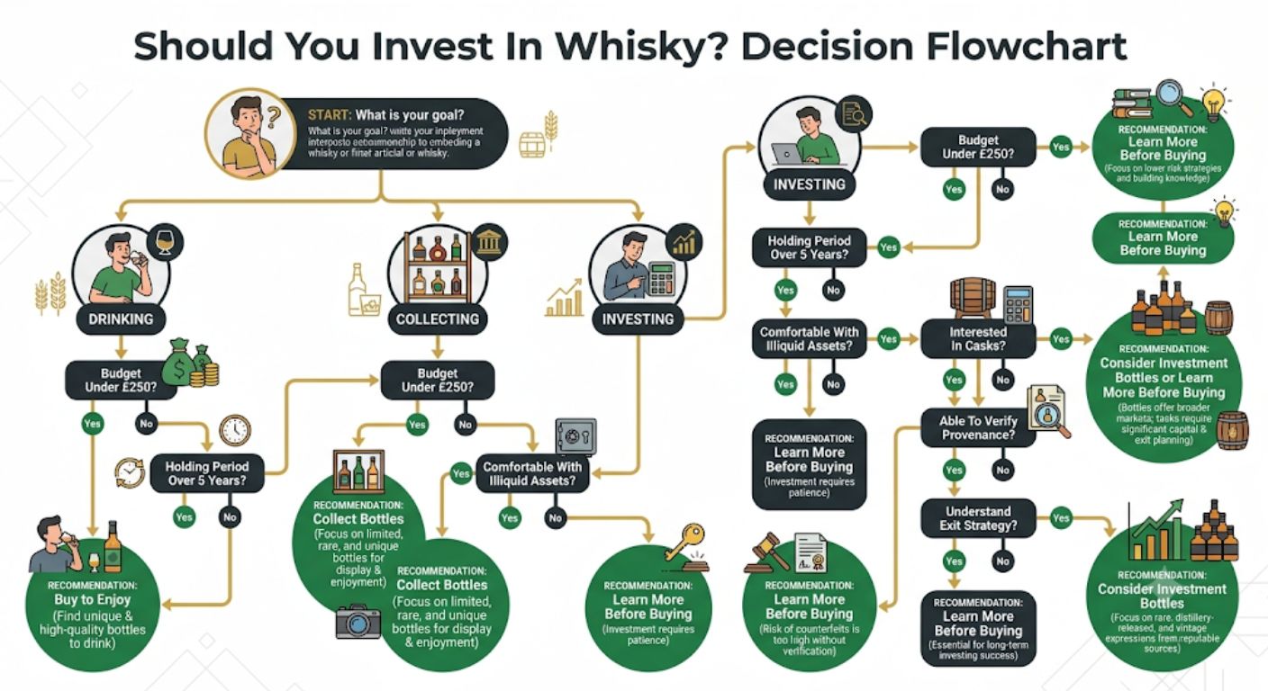 Decision tree infographic helping readers decide whether whisky investment is suitable based on budget, experience, holding period and investment goals.