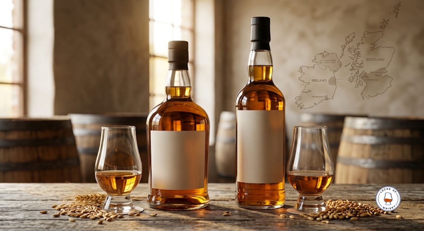 Irish whiskey and Scotch whisky displayed side by side to compare the two whisky styles.