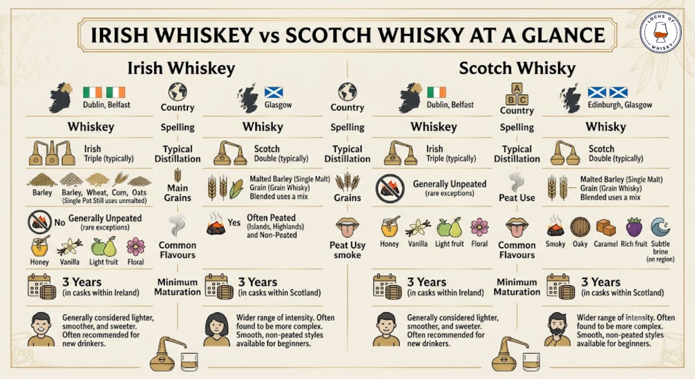 Comparison infographic showing the main differences between Irish whiskey and Scotch whisky.