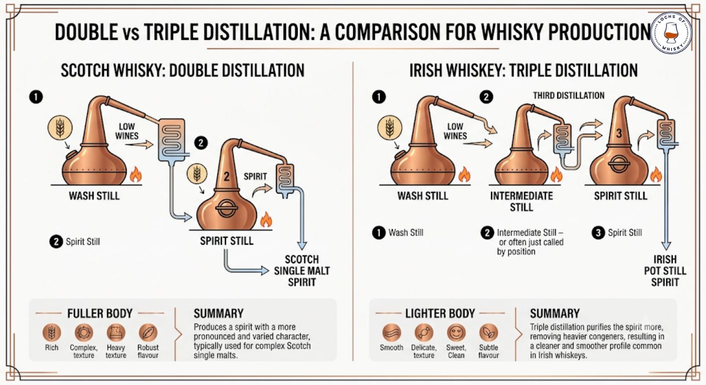 Diagram comparing double distillation in Scotch whisky with triple distillation commonly used for Irish whiskey.