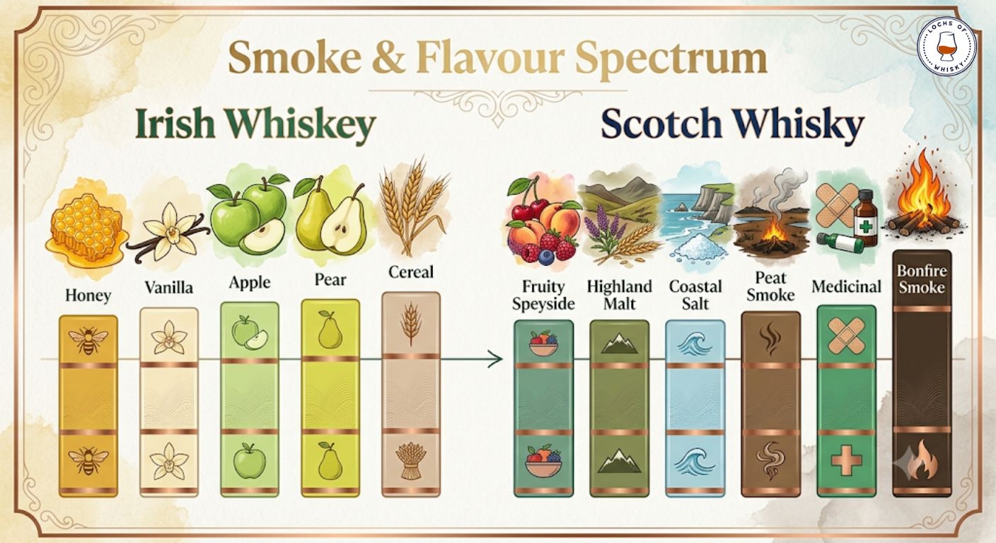 Flavour comparison showing typical Irish whiskey characteristics alongside the wider flavour range of Scotch whisky.