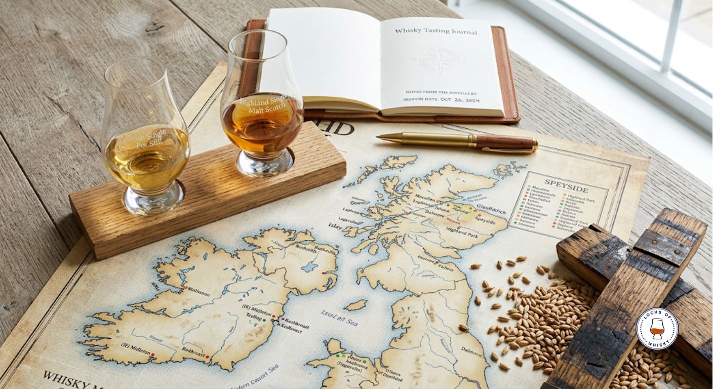 Side-by-side tasting of Irish whiskey and Scotch whisky for flavour comparison.