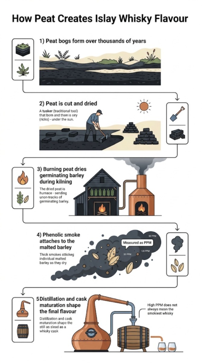 Step-by-step infographic showing how peat is formed, burned during barley kilning and influences the smoky flavour of Islay whisky, while explaining how PPM relates to the malt rather than the finished whisky.